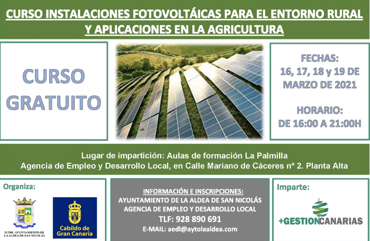 La Concejalía de Empleo abre la convocatoria del curso: Instalaciones fotovoltaicas para el entorno rural y aplicaciones en la agricultura